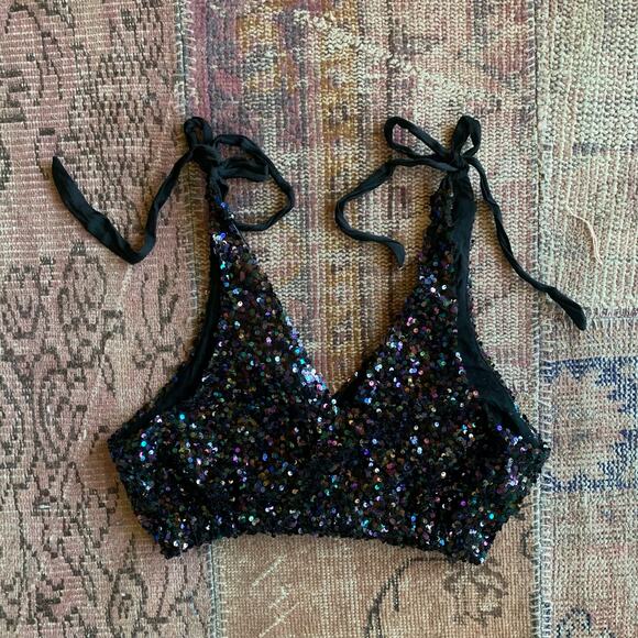 FREE PEOPLE size Medium crop tie sequin top BLACK - Picture 2 of 4